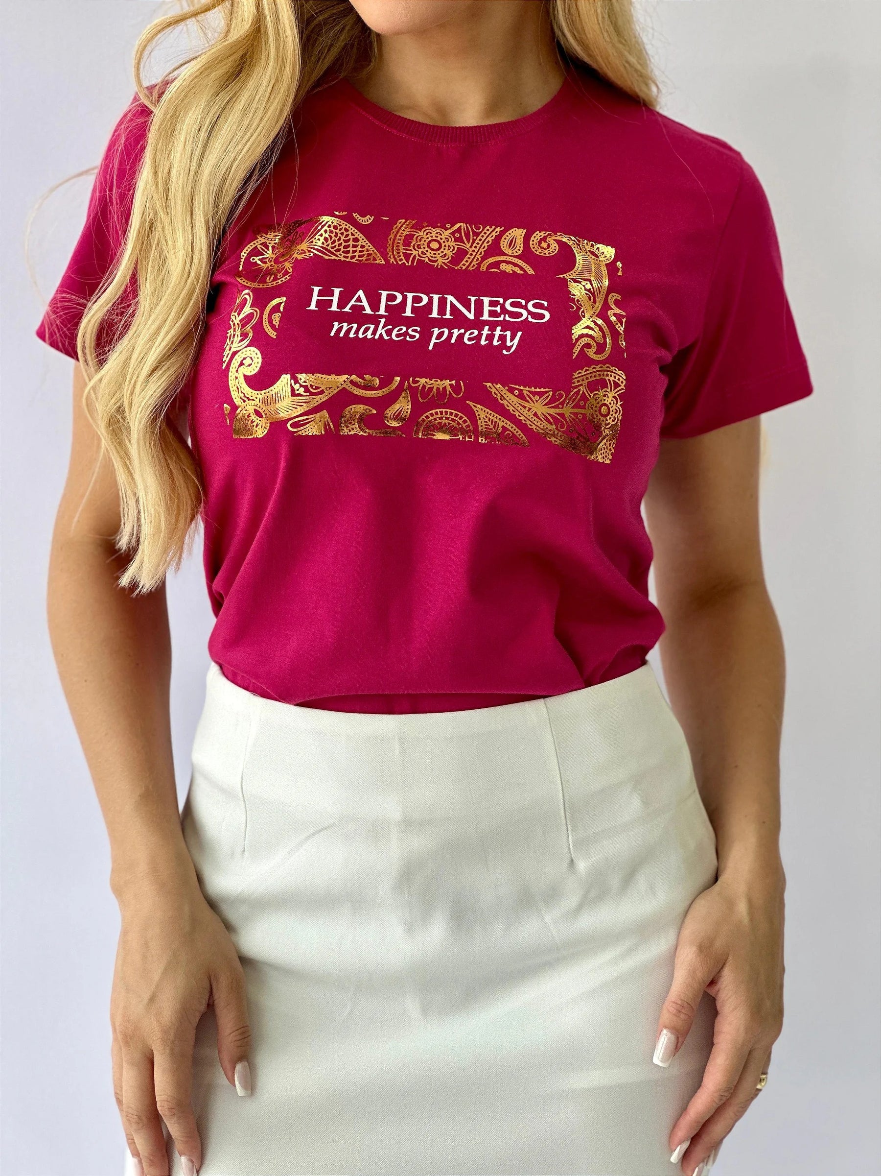 T-SHIRT HAPPINESS MAKES PRETTY C/FOIL - ROSA CARMIM