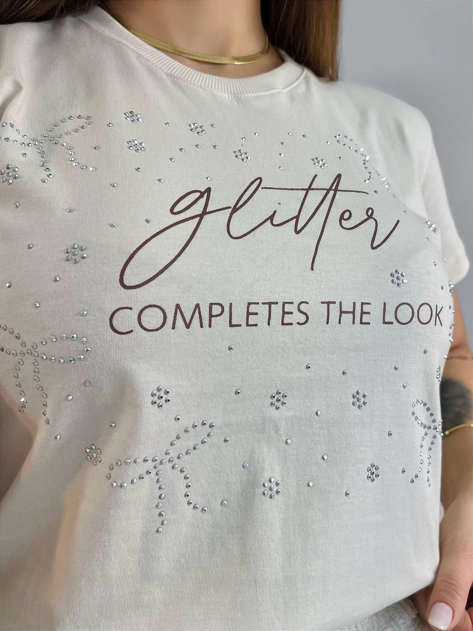T-SHIRT GLITTER C/STRASS - BEGE NATURAL