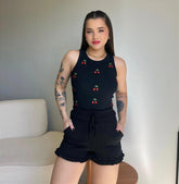 REGATA (BORDADA) MINI CEREJINHAS - PRETO