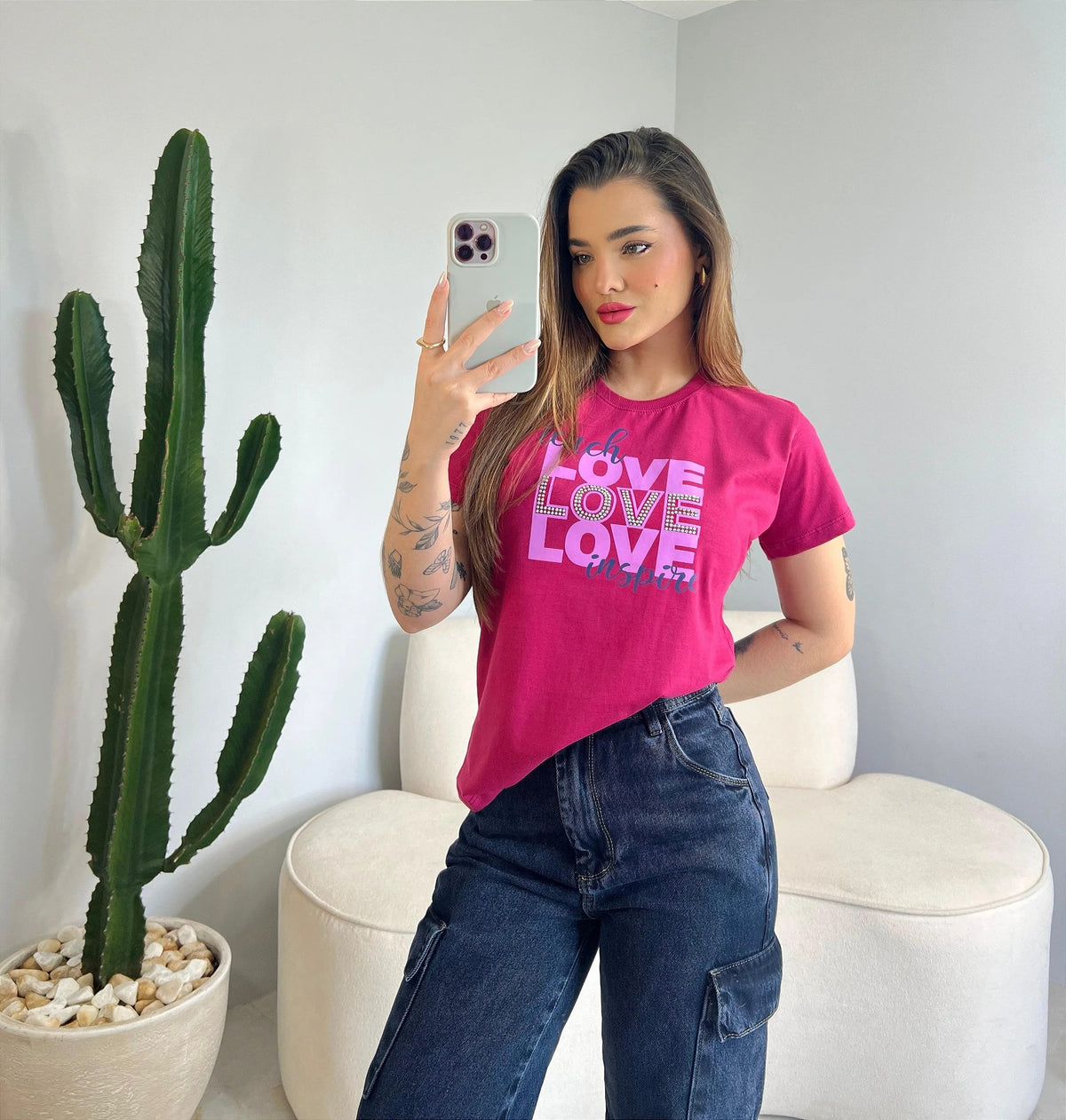 T-SHIRT LOVE C/STRASS - ROSA CARMIM