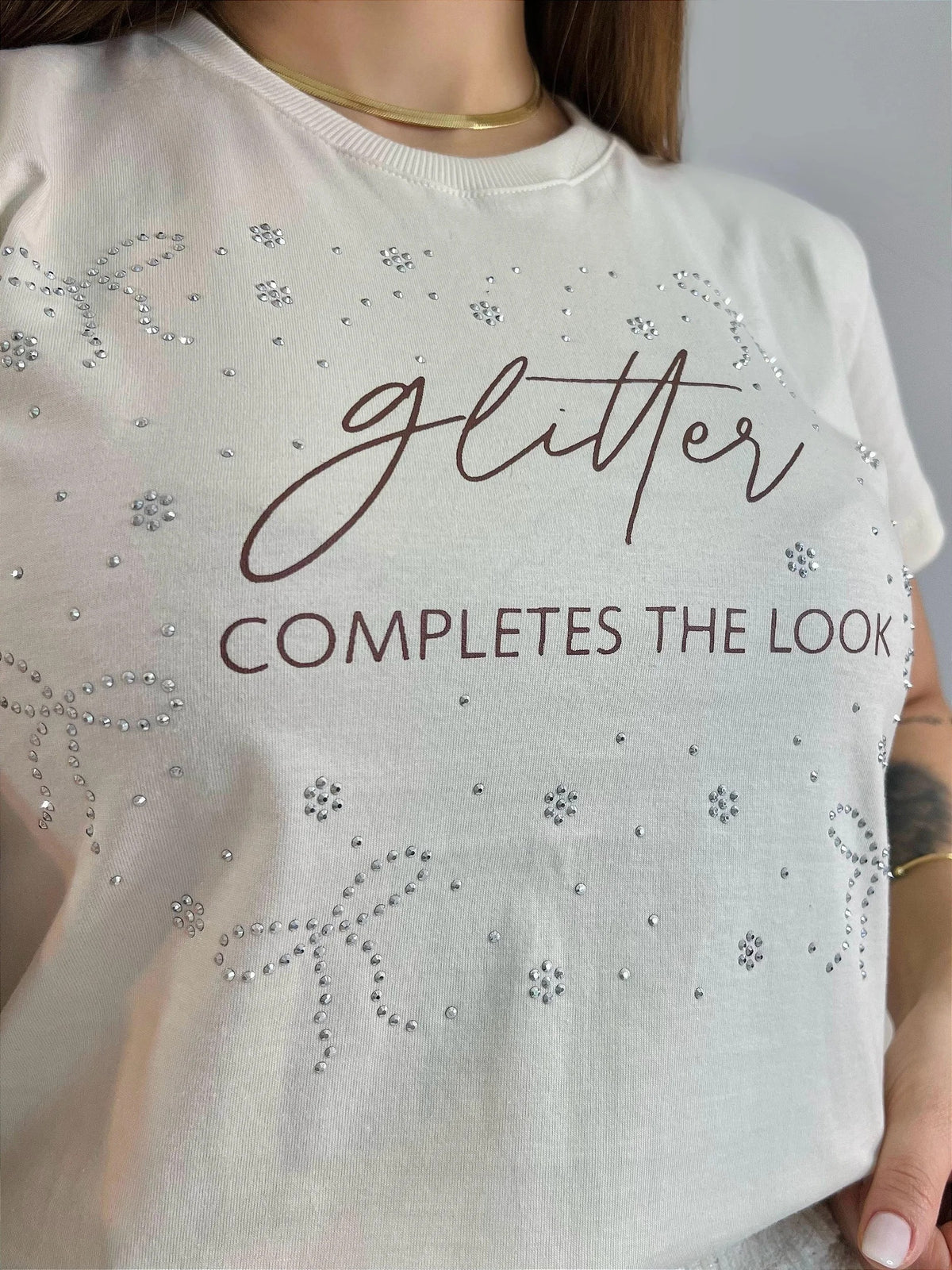 T-SHIRT GLITTER C/STRASS - BEGE NATURAL