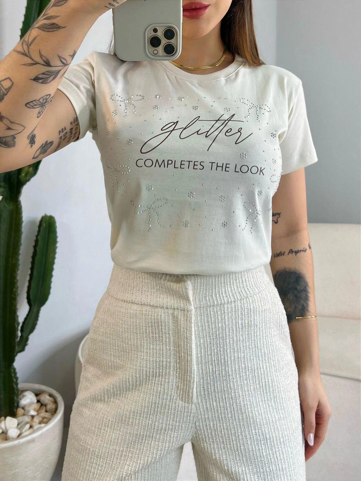 T-SHIRT GLITTER C/STRASS - BEGE NATURAL